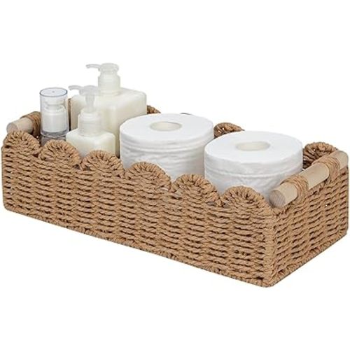 CubesLand Paper Rope Scalloped Edge Toilet Paper Storage Basket, Small Living Room, Bedroom Decor Baskets for Over Toilet Storage Shelf, End Table, Shelves and More, with 2 Wooden Handle, Neutral