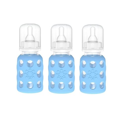 Lifefactory Glass Baby Bottle BPA Free | Protective Silicone Sleeve | 4 oz Pack of 3 | Sky Blue