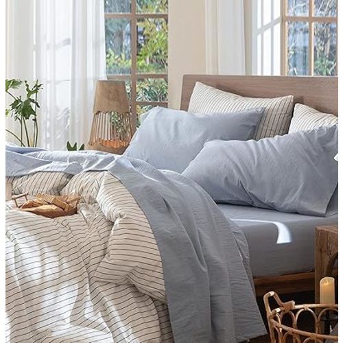 MooMee Bedding Sheet Set 100% Washed Cotton Linen Like Textured Breathable Durable Soft Comfy (Heathered Cornflower Blue, Full)