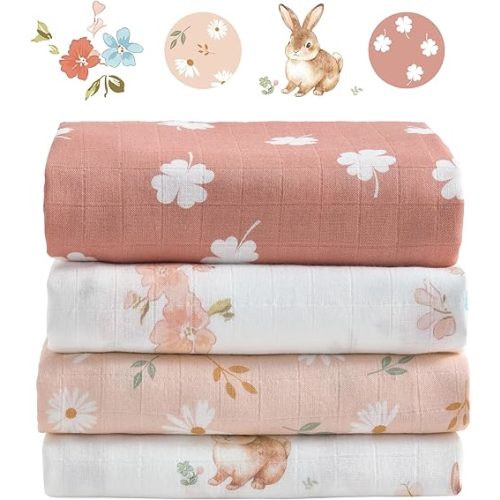4-Pack Baby Muslin Swaddle Blankets, 47 x 47 Inches Soft Breathable Swaddle Blanket, Lightweight Receiving Blanket for Newborns and Infants, Spring Bunny Garden