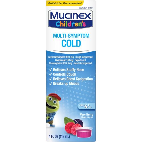 Mucinex Children's Multi-Symptom Cold Relief Liquid- Relieves Stuffy Nose, Chest Congestion, Cough & Mucus, Expectorant & Cough Suppressant with Dextromethorphan, Guaifenesin, Phenylephrine, 4 oz.