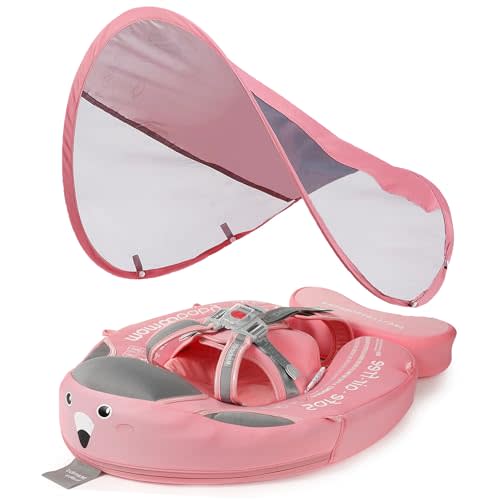 Mambobaby Float Baby Float for Pool with Canopy for Infant 3-24 Months | Baby Swim Float Non-Inflatable Solid Swimming Float No Air Upgraded Add Tail(Footrest) for Pool & Beach, Pink