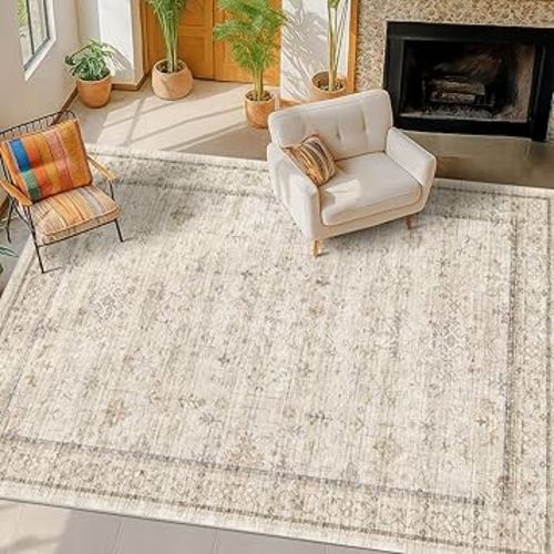 Washable Ivory 5x7 Rug for Bedroom, Home Office, Non Slip Dinning Rugs for Under Table, Low Pile Neutral Farmhouse Retro Living Room Carpet
