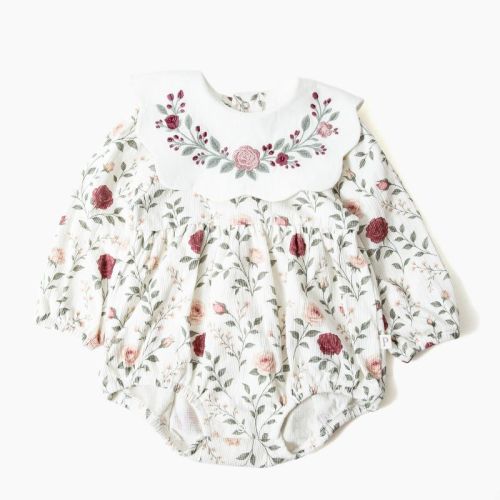 Picolette by Olivia Culpo Baby Girls' Floral bib Long Sleeve Romper - Ivory/Pink Newborn