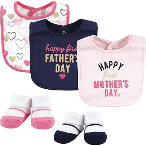 Hudson Baby Unisex Baby Cotton Bib and Sock Set, Girl Mothers Fathers Day, One Size