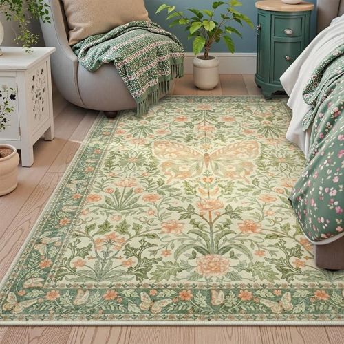 Collive Pink 5x7 Butterfly Area Rug, Vintage Floral Rug for Girls Bedroom Washable Non Slip, Soft Ultra Thin Boho Insect Carpet for Living Room Nursery Kids Room Playroom