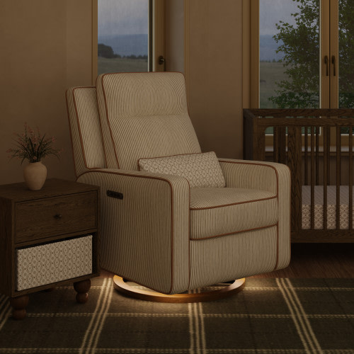 babyletto Sigi Pro Power Recliner and Swivel Glider by Nate Berkus - Performance Bronze Stripe Eco-Crossweave W/Toffee Base