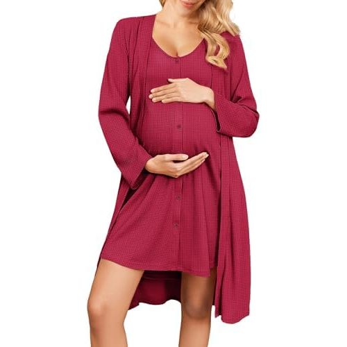 Ekouaer Maternity Nursing Gown and Robe Set 2 Piece Waffle Breastfeeding Nightgown 3 in 1 Labor and Delivery Hospital Gown