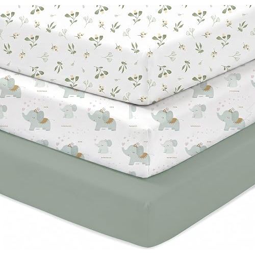 Baby Crib Sheets for Girls Boys, 3 Pack Fitted Crib Sheets 52 x 28 x 8 Inch, Soft Stretchy Polyester Baby Sheets for Standard Criband Toddler Mattress, Green+Elephant+Leaf