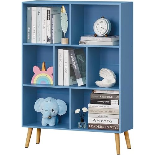 YAHARBO 7 Cube Bookshelf, Blue Kids Book Shelf with Cubby Storage,Wooden Modern Bookcase with Legs,3 Tier Freestanding Display Book Case,Children Toy Organizer,Bookshelves for Office,Nursery,Playroom