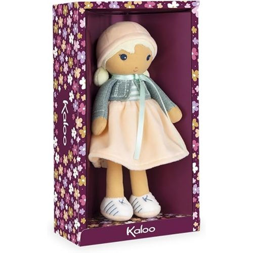 Kaloo Tendresse My First Fabric Doll Chloe K 9.75” Medium Soft Plush Figure in Peach and Striped Dress, Denim Jacket and Blonde Hair with Embroidered Face Machine Washable for Ages 0+, K963659