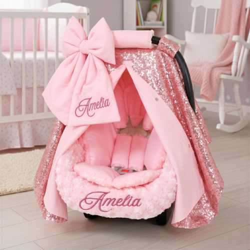 Personalized Pink Sequin Baby Car Seat 6pc Set - Embroidered Bow and Minky Liner - Baby Car Seat Accessories - Head & Body Support Insert