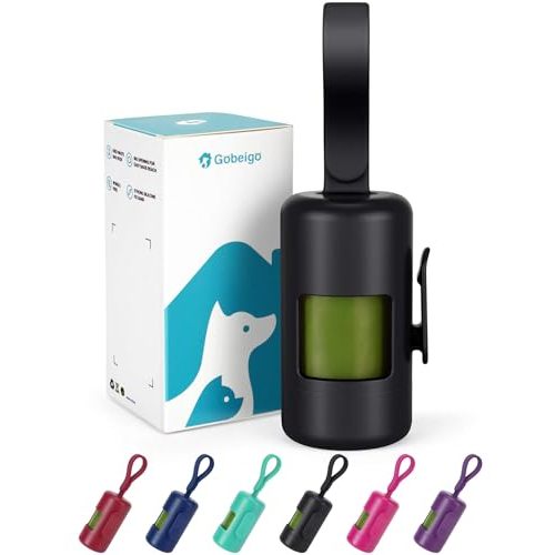Gobeigo Dog Poop Bag Holder with Used Bag Hook(Black) | Silicone Strap Fits Any Leash, Large Opening for Easy Dispensing with 1 Bonus Roll of Waste Bags