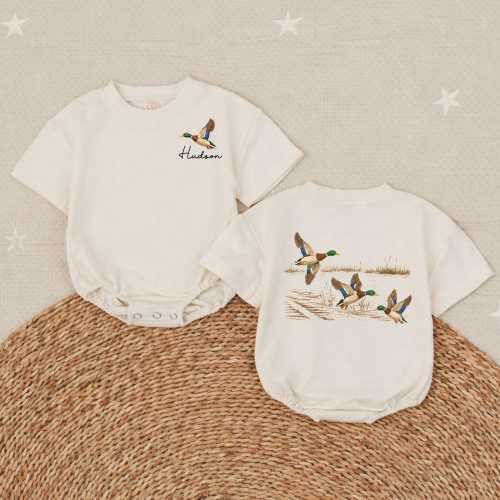 Personalized Name Mallard Duck Baby Bubble Romper, Western Baby Boy Clothes, Hunting Buddy Outfits