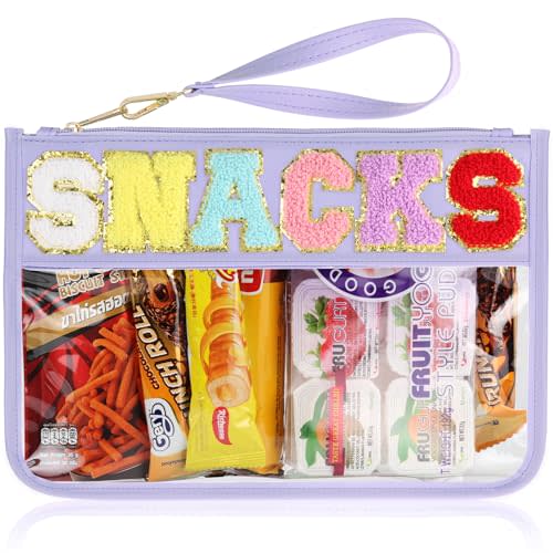 TESAFNG Snack Bag for Travel - Clear Chenille Varsity Letter Flat Pouch with Zipper, Waterproof Clear Nylon Preppy Patch Makeup Cosmetic tote Bags for Women Girls