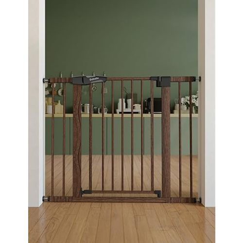 Mom's Choice Award Winner-BABELIO 26-40" Metal Baby Gate with Black Wood Pattern, PressGuard C5 Easy Install Pressure Mounted Dog Gate for Stairs and Doorways, with Wall Protectors and Extension Kits