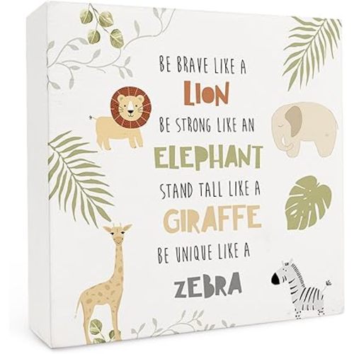 Animal Nursery Wood Box Sign 5×5 Inches, Inspirational Forest Animal Lion Elephant Giraffe Zebra Wood Sign for Kids Room Dorm Nursery Bedroom Home Desk Tabletop Shelf Decor
