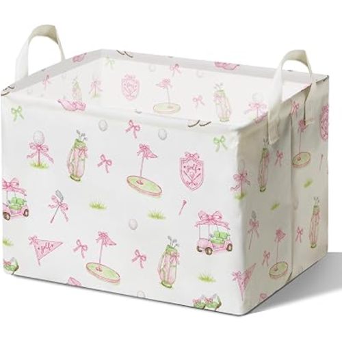 Pink Bow Storage Basket with Handles, Golf Stylish Birthday Gift for Girls, Canvas Golf Clubs Organizer, Elegant Pink Bow Party Decor, White Waterproof Foldable Laundry Bin for Bedroom Bathroom