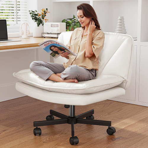 Armless 27" Wide Criss Cross Chair with Wheels,Leather Cross Legged Vanity Chairs with 2-Layer Cushion,Swivel Modern Home Office Desk Chair Wide Seat Height Adjustable,Comfy Criss Cross Chair,White