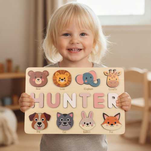 Personalized Wooden Name Puzzle: Handmade Animal Toy, First Birthday Gift