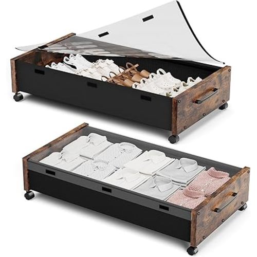 KITHELP Wooden Under Bed Storage with Wheels, Rolling Under the Bed Storage Bins with Removable Lid, Metal Under Bed Drawers for Clothes and Shoes in Bedroom or Living Room(Vintage Brown-2pack)