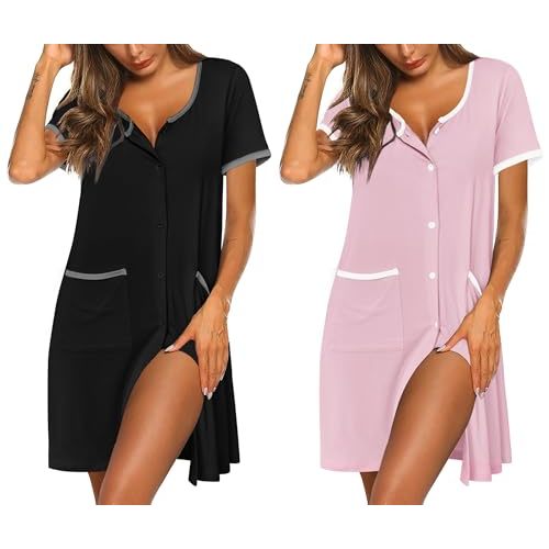 Ekouaer Nightgowns for Women 2 Pack Button Down Sleep Shirts Short Sleeve Nightshirt Sleepwear House Dress with Pockets