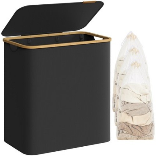 SONGMICS 150L Laundry Hamper with Lid 3-Section Large Laundry Basket Removable Mesh Liner Bamboo Handles Collapsible Ink Black