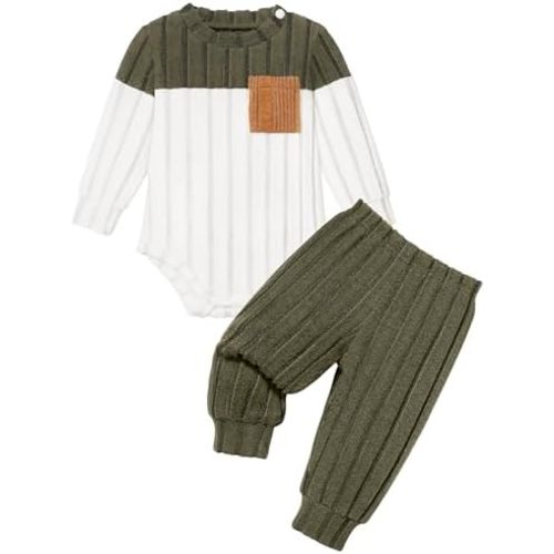 Baby Boy Clothes Color Block Ribbed Knitted Outfits Long Sleeve Romper+ Pants 2PCS Outfit 0-12 Months