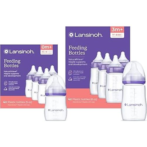 Lansinoh NaturalWave Newborn Gift Set – 4 Anti‑Colic 5 oz Bottles with Newborn XS Flow Nipples + 4 Breastfeeding 8 oz Bottles with M‑Flow Nipples 8 Pack Total