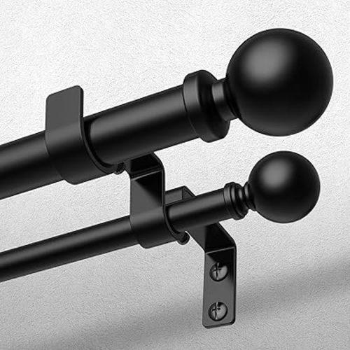 Double Curtain Rod, 1 Inch Black Dual Curtain Rods for Windows 48 to 84 Inch, Decorative Adjustable Heavy Duty Telescopic Spliced Window Treatment Rods Set for Bedroom Living Room Farmhouse