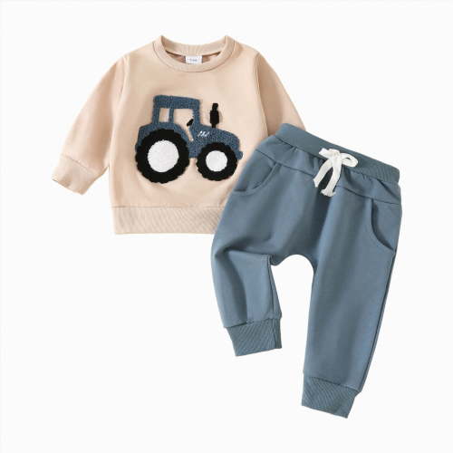 TAmten 9 Month Baby Boy Clothes Fall Winter Clothes Crewneck Sweatshirt Long Sleeve Trucks Shirt and Pants Cute Boys Outfits(Sky Blue,6-12 Months)