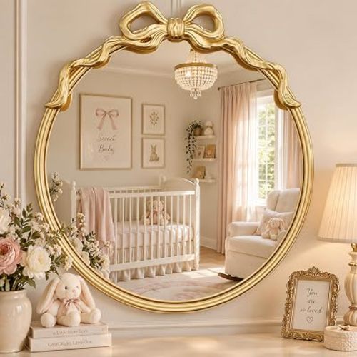 Large Round Gold Bow Mirror, 24" Vintage Mirrors with Metal Frame