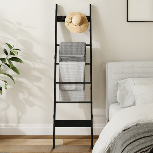 Gracie Oaks 5-Tier Blanket Ladder Shelf For Living Room, Decorative Wood Quilt Rack With 4 Removable Hooks,5-Tier Farmhouse Ladder Holder Shelf Organizer for Bedroom & Reviews | Wayfair