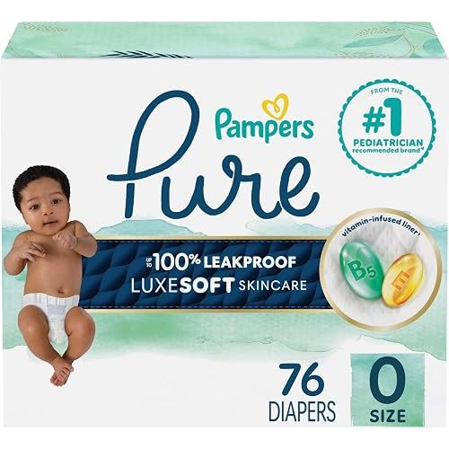 Pampers Pure Baby Diapers, Size 0 (>10 lbs), 76, Up to 100% Leakproof, Premium Hypoallergenic Soft Diapers