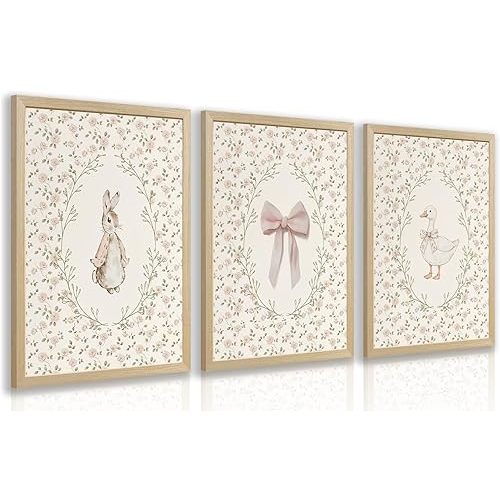 PORENY Baby Girl Nursery Wall Art Set of 3, Pink Bow Rabbit Goose Canvas Prints, Cute Floral Nursery Decor, Vintage Neutral Animal Artwork for Girls Room Kids Bedroom Wood Framed 12x16 Inch