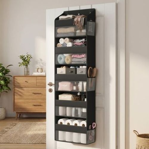 LEDREM Over the Door Organizer, 5-Tier Hanging Closet Shelf with Clear Pockets, 55.1 x 15.7 x 5.9 Inches, Black