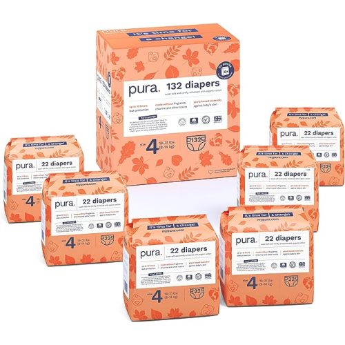 Pura Size 4 Eco-Friendly Diapers (18-31 lbs) 6 Packs of 22 (132 Diapers) - Size 4 (132 Diapers)