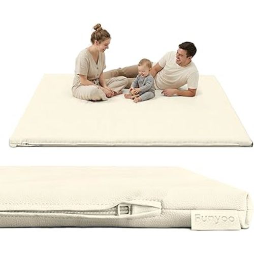 Padded 79" ×71" Large Baby Play Mat for Floor, 1.2" Thick Memory Foam Playmat with Soft Vegan Leather Cover, Cushioned Play Mat for 71" x59" Playpens, Beige