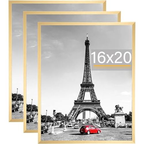 kennethan Picture Frame, Wall Gallery Poster Frames, Horizontal or Vertical Wall Mounting (Gold, 16x20-3 Pack)