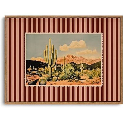 ZZLWBKGL Vintage Western Cactus Framed Wall Art Southwestern Desert Canvas Wall Art Mid Century Nature Striped Pictures Wall Decor Boho Landscape Art Prints for Living Room Bedroom Study