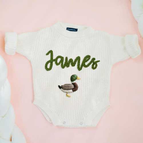 Cute Ducks Hand Embroidered Romper, Personalized Baby Name Romper, Hand Knitted Mallard Duck Outfit, Newborn Baby Gift, Baby Shower Gift