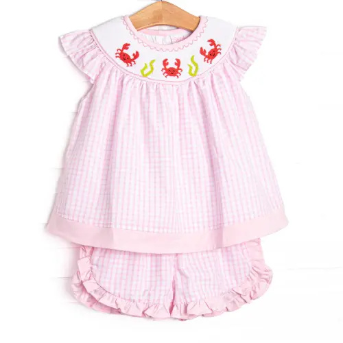 Crustacean Critter Smocked Ruffle Short Set, Pink (24M)