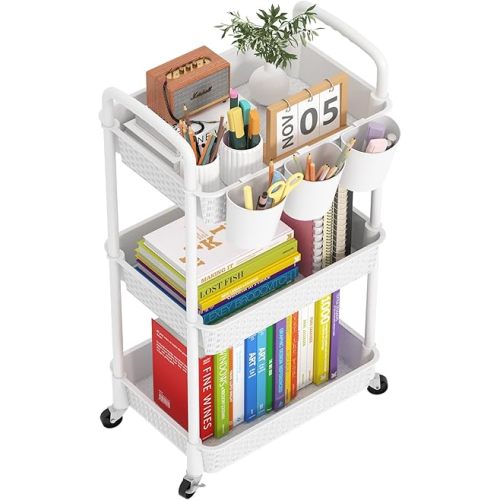 MOYIPIN 3-Tier Plastic Rolling Utility Cart with Handle,Utility Storage Cart for Office, Living Room, Kitchen,Movable Storage Organizer Shelves,White with 4 Hanging Cups
