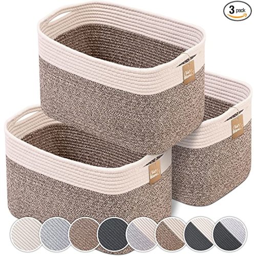 CHAT BLANC Cotton Rope Baskets for Organizing | Storage Baskets for Shelves | Small Laundry Woven Baskets for Storage, Dog Toy Bin, Baby Basket,Off White&Brown 3 Pack