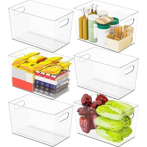 6 Pack Plastic Clear Bins for Organizing- With Handle -11″ Large Pantry Organizer Bins for Shelves Snack,Food or Cleaning Supplies,Fridge Organizers and Storage,Acrylic Kitchen Storage Containers