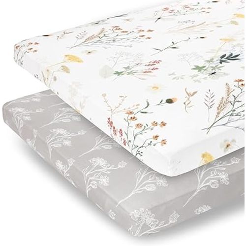 Pobibaby - 2 Pack Premium Pack N Play Sheets Fitted for Standard Pack and Plays and Mini Cribs - Ultra-Soft Jersey Knit, Stylish Floral Pattern, Safe and Snug for Baby (Wildflower)