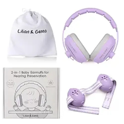 Lilian&Gema 2-in-1 Baby Ear Muffs Noise Protection up to 48 Months - Baby Airplane/Travel Essentials - Adjustable Noise Reduction Earmuffs - Ear Protection Headphones for Infant & Toddler, Purple