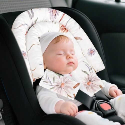 Support de tête et housses de sangle de siège auto pour bébé - Coussin 2 en 1 amélioré pour nouveau-né fille, parfait pour siège auto, poussette, balançoire, extra doux, fleur blanche