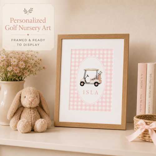 Personalized Golf Nursery Wall Art | Custom Name Golf Cart Print | Pink Gingham Nursery Decor | Framed Golf Artwork | Baby Girl Room Decor