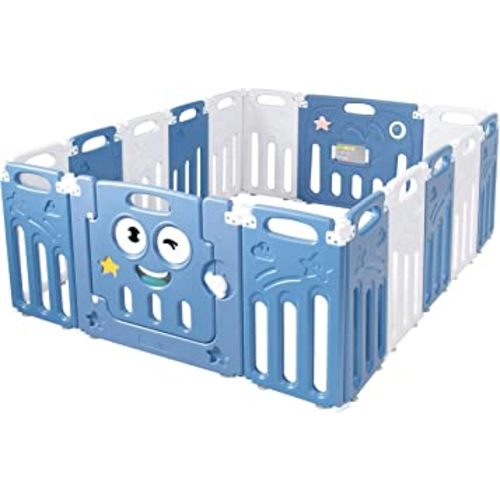 Costzon Foldable Playpen, 16-Panel Play Yard with Lock Door & Anti-Slip Rubber Bases, Indoor Outdoor Safety Fence, Adjustable Shape for Children Toddlers (16 Panel, Blue + White)